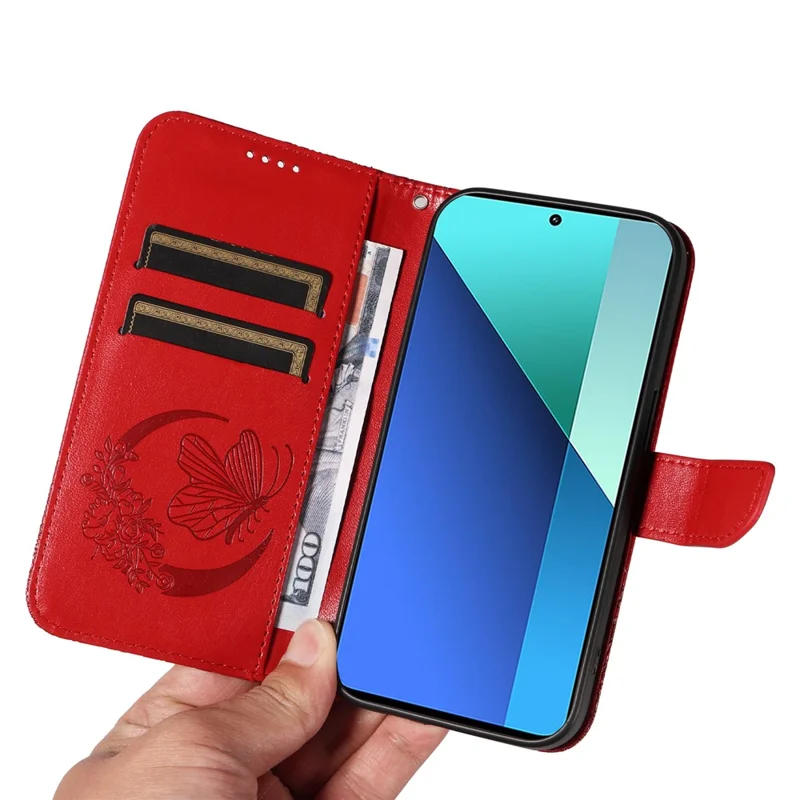 For Xiaomi Redmi Note 13 4G Imprinted Butterfly Pattern   Phone Case PU Leather Flip Phone Cover - Red