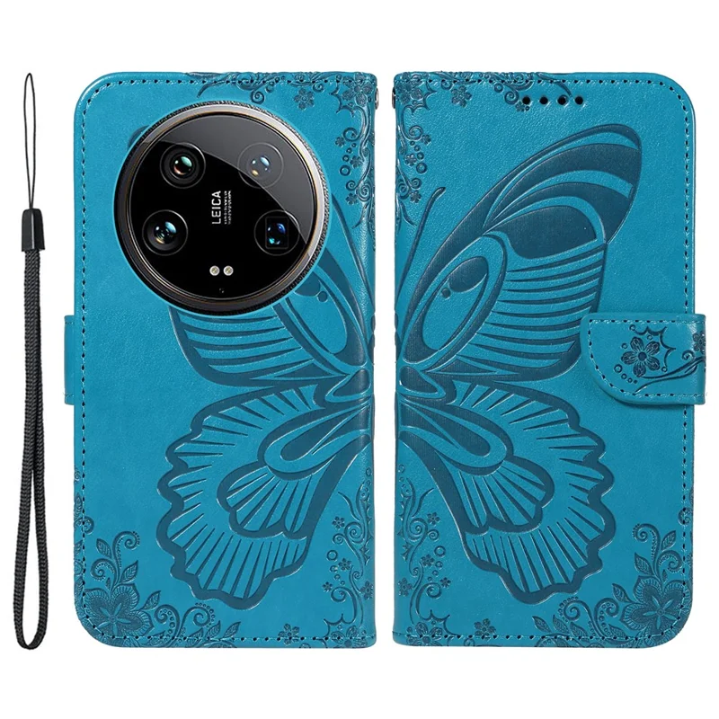 For Xiaomi 14 Ultra Mobile Phone Case Butterfly Pattern PU Leather Stand Phone Cover - Blue