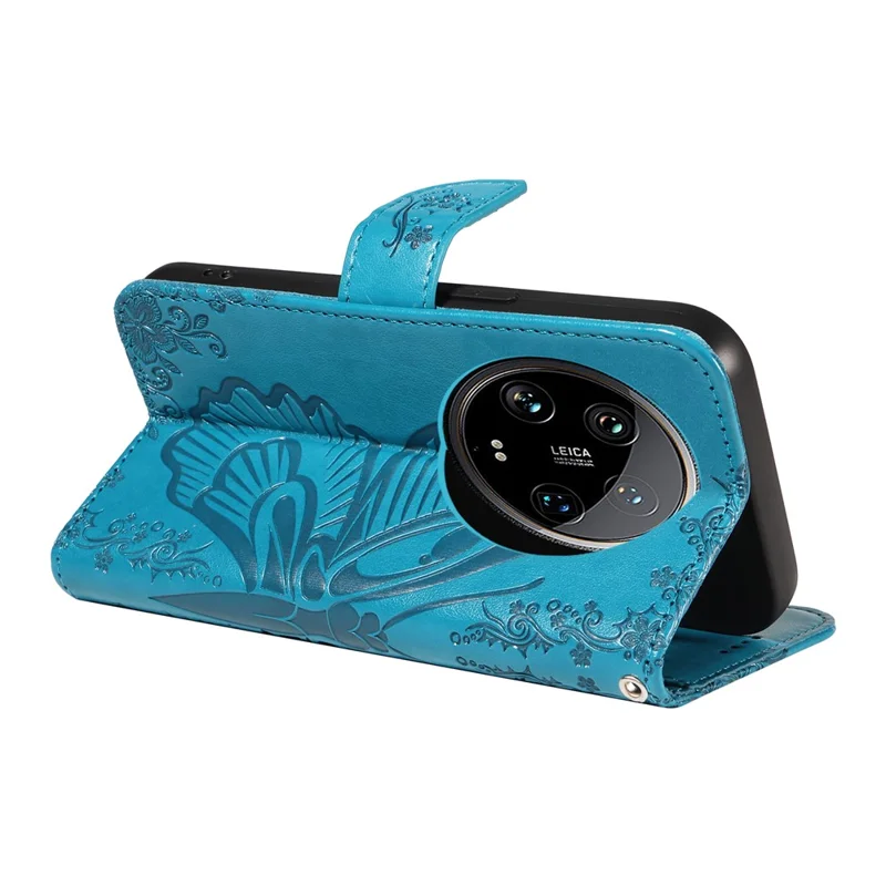 For Xiaomi 14 Ultra Mobile Phone Case Butterfly Pattern PU Leather Stand Phone Cover - Blue