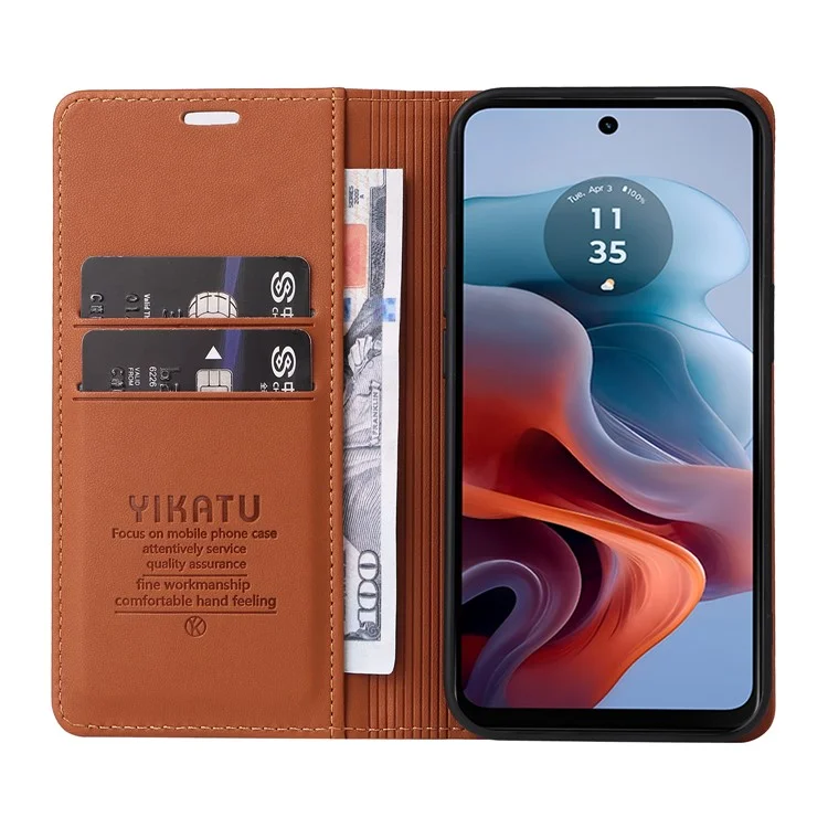 YIKATU YK-001 For Motorola Moto G45 5G / G34 5G Case Magnetic Closure Full Protection Leather Phone Cover - Brown