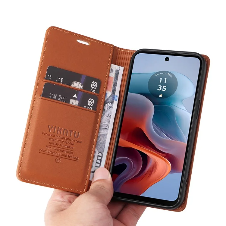 YIKATU YK-001 For Motorola Moto G45 5G / G34 5G Case Magnetic Closure Full Protection Leather Phone Cover - Brown