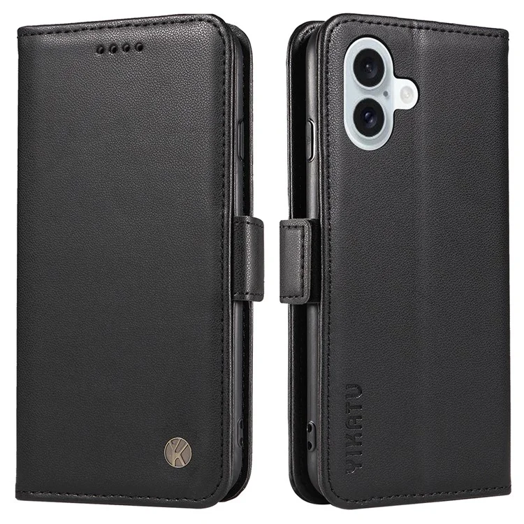YIKATU YK-003 Чехол-бумажник для iPhone 16 Plus из натуральной кожи с складной подставкой - Черный