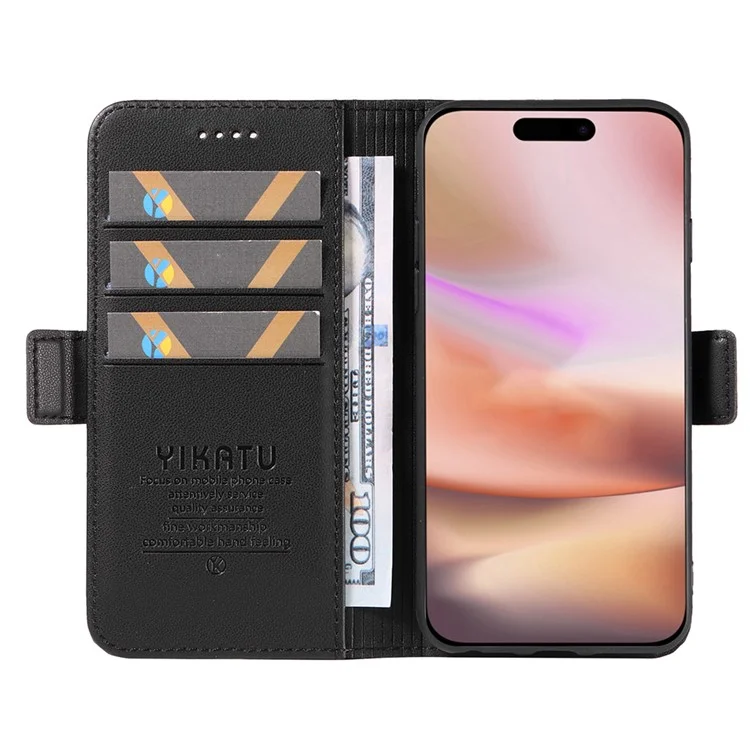 YIKATU YK-003 Чехол-бумажник для iPhone 16 Plus из натуральной кожи с складной подставкой - Черный