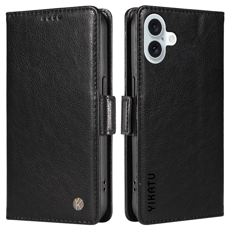 YIKATU YK-007 For iPhone 16 Plus Case Litchi Texture Wallet PU Leather Flip Phone Cover - Noir
