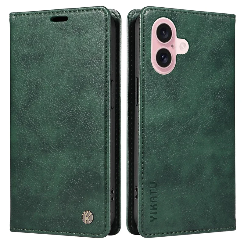 YIKATU YK-006 For iPhone 16 Wallet Case Scratch-Proof Leather Phone Cover - Green