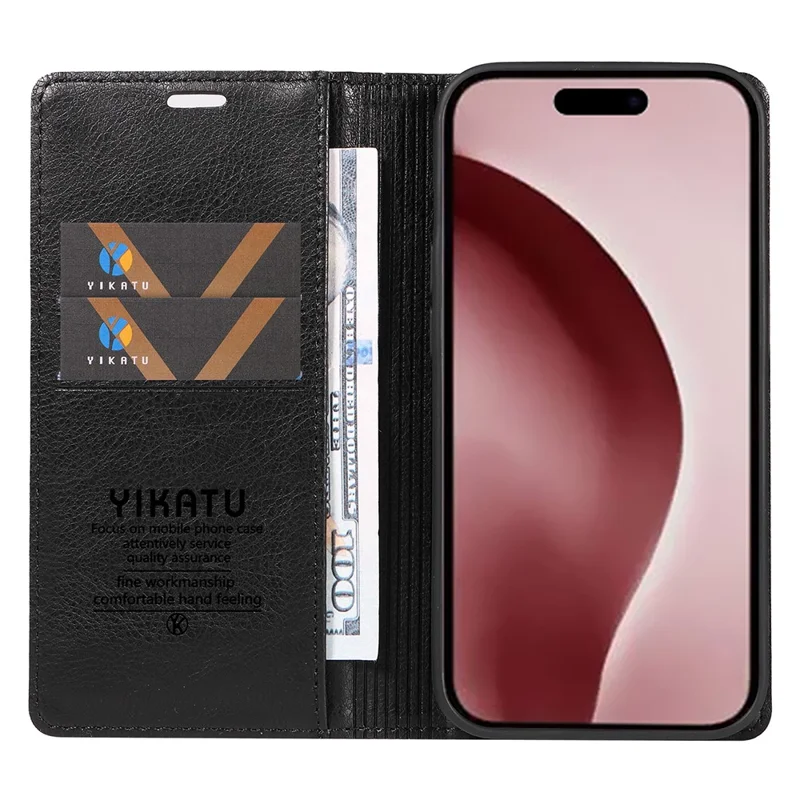 YIKATU YK-006 For iPhone 16 Pro Case Wallet Leather Phone Cover Strong Magnetic Closure - Black