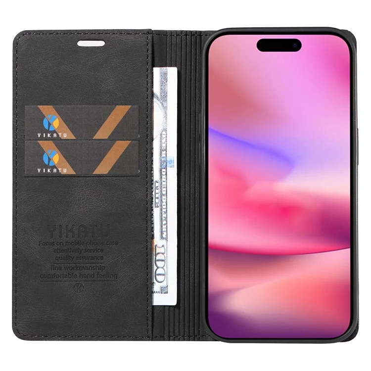 YIKATU YK-004 Per iPhone 16 Case Magnetic Closing Wallet Phone Leather Cover - Nero