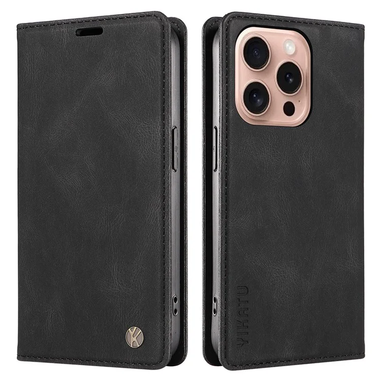 YIKATU YK-004 Funda para iPhone 16 Pro Funda de Teléfono de Cuero Función de Absorción Magnética y Soporte - Negro