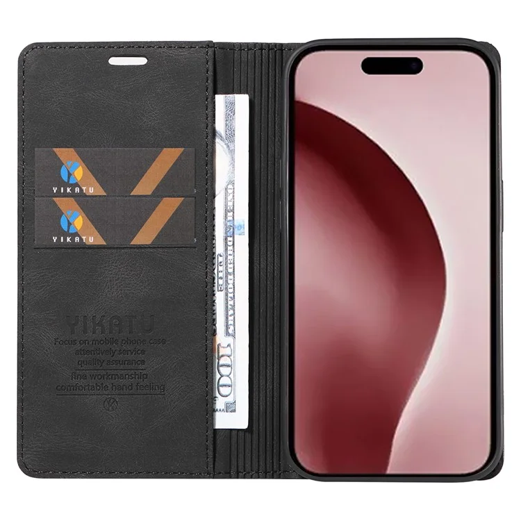 YIKATU YK-004 Funda para iPhone 16 Pro Funda de Teléfono de Cuero Función de Absorción Magnética y Soporte - Negro