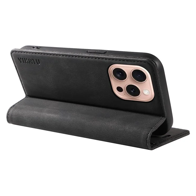 YIKATU YK-004 Funda para iPhone 16 Pro Funda de Teléfono de Cuero Función de Absorción Magnética y Soporte - Negro