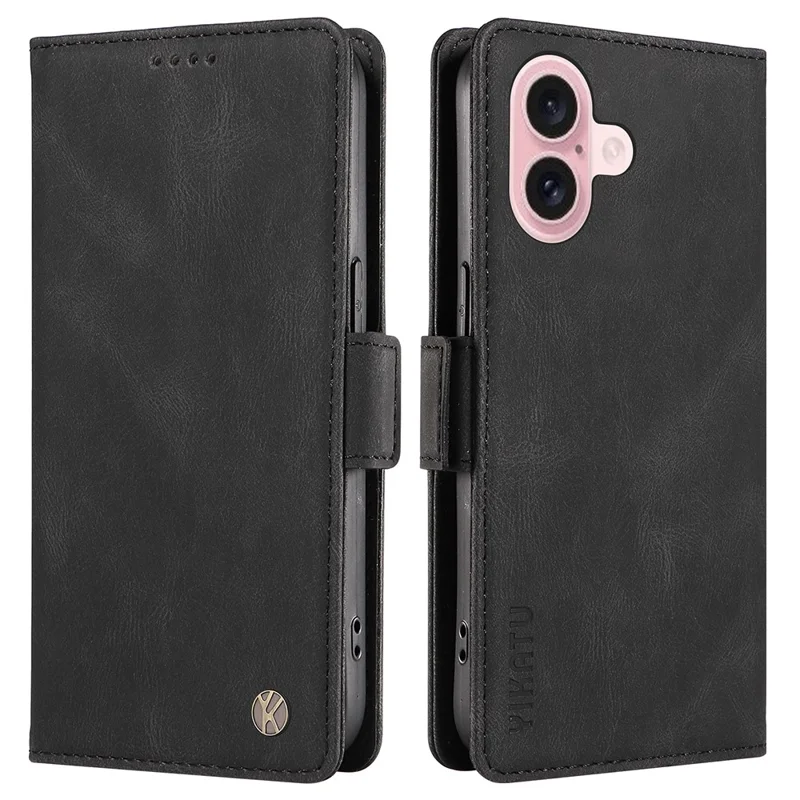 YIKATU YK-005 Für iPhone 16 Hülle aus PU-Leder, Brieftaschen-Handy-Cover Skin-Touch-Feeling - Schwarz