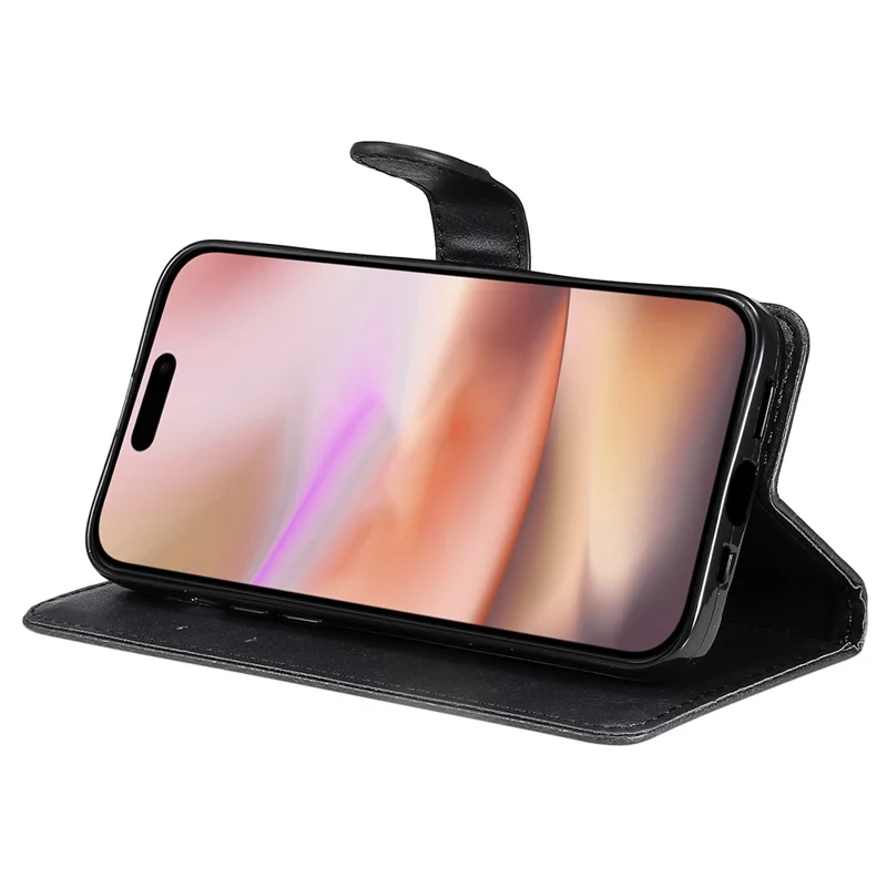 KT Leather Series-2 pour iPhone 16 Plus Étui en cuir avec dragonne Couleur unie Housse de téléphone - Noir