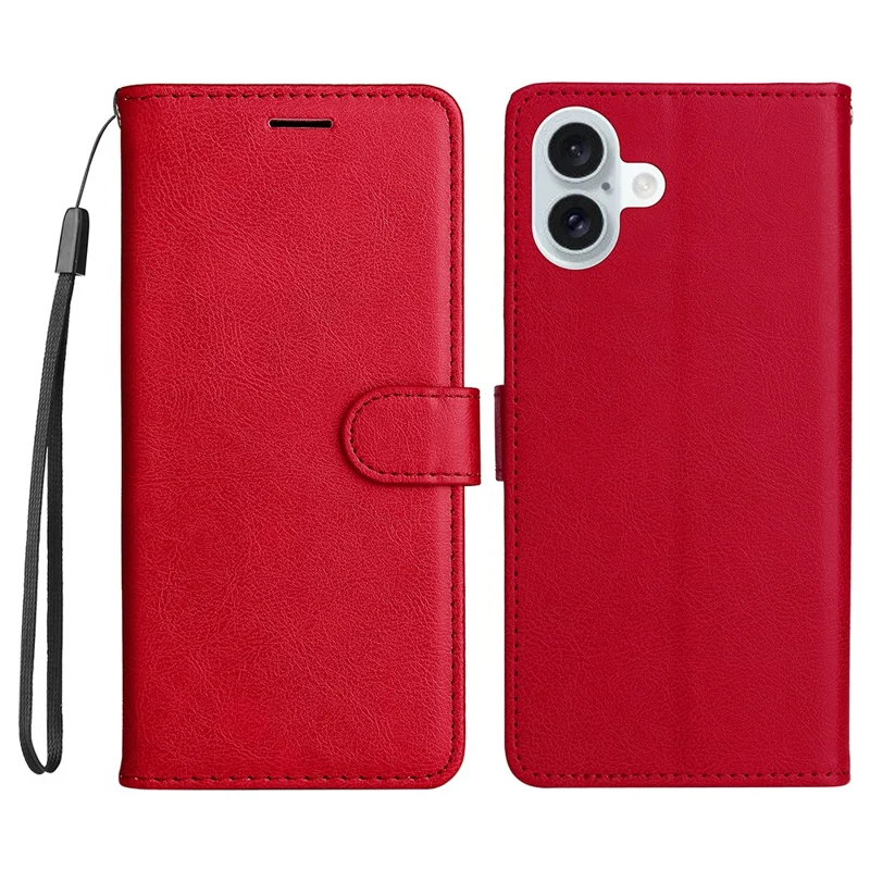 For iPhone 16 Plus Case Solid Color Leather Mobile Cover Wallet Stand with Strap - Red