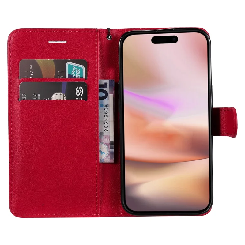 For iPhone 16 Plus Case Solid Color Leather Mobile Cover Wallet Stand with Strap - Red