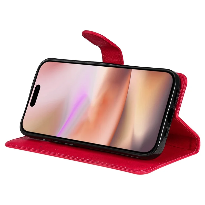For iPhone 16 Plus Case Solid Color Leather Mobile Cover Wallet Stand with Strap - Red