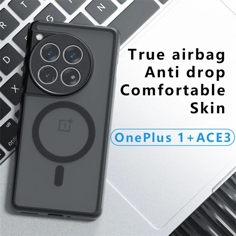 For OnePlus Ace 3 5G / 12R 5G Magnetic Case TPU+PC Matte Anti-Scratch Phone Cover - Transparent Black
