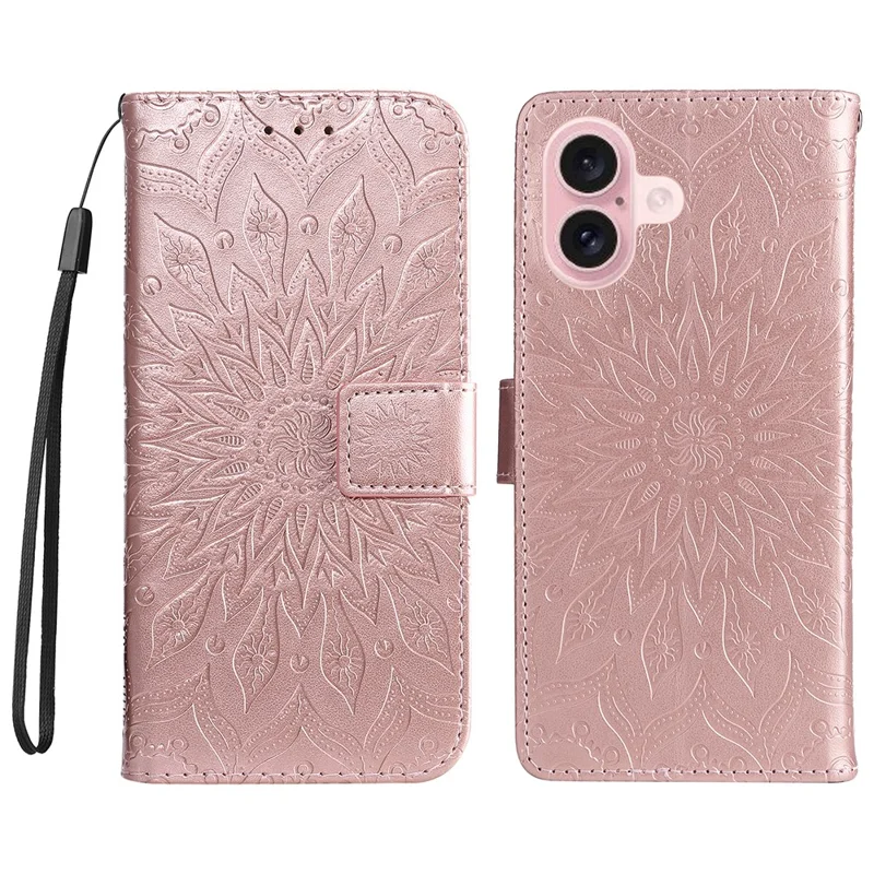 For iPhone 16 Plus Phone Case Sunflower Imprinted Leather Wallet Stand Cover with Strap - Rose Gold