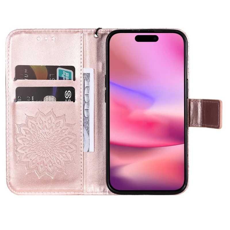 For iPhone 16 Plus Phone Case Sunflower Imprinted Leather Wallet Stand Cover with Strap - Rose Gold