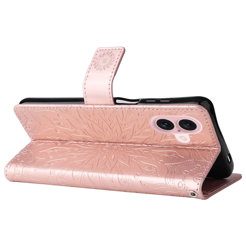 For iPhone 16 Plus Phone Case Sunflower Imprinted Leather Wallet Stand Cover with Strap - Rose Gold