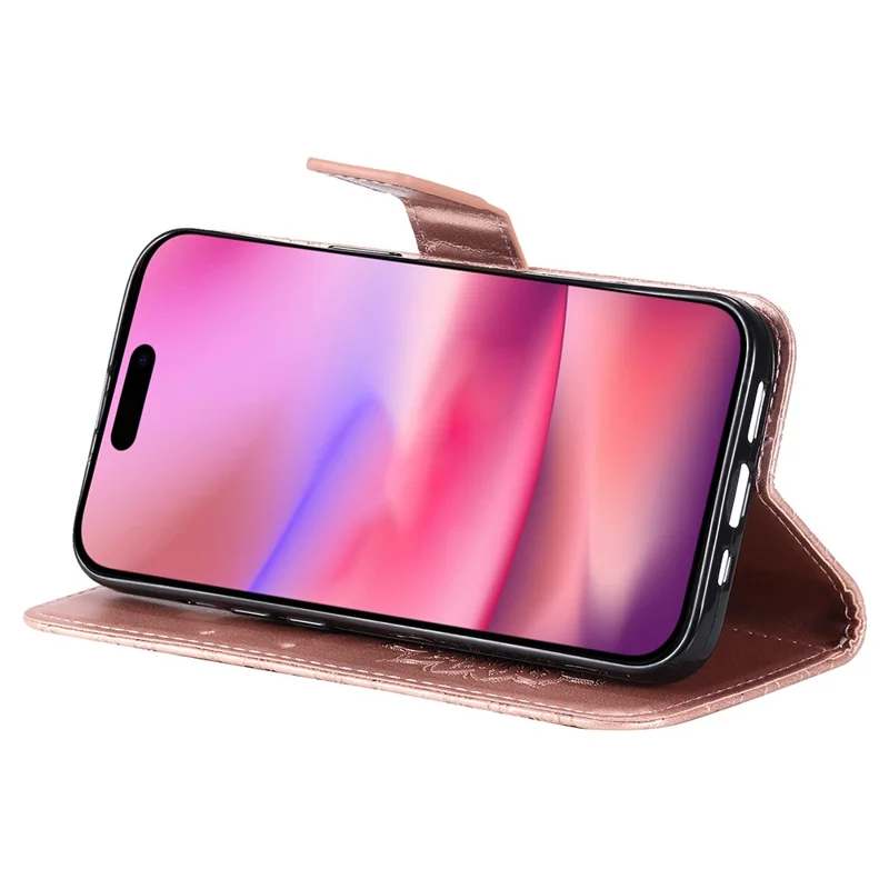For iPhone 16 Plus Phone Case Sunflower Imprinted Leather Wallet Stand Cover with Strap - Rose Gold