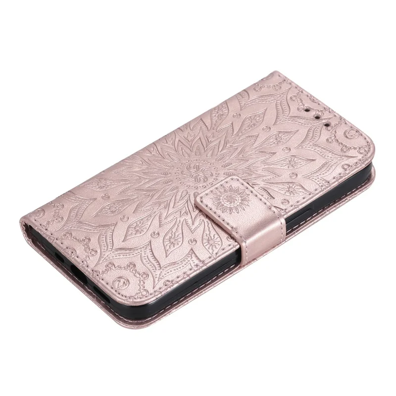 For iPhone 16 Plus Phone Case Sunflower Imprinted Leather Wallet Stand Cover with Strap - Rose Gold