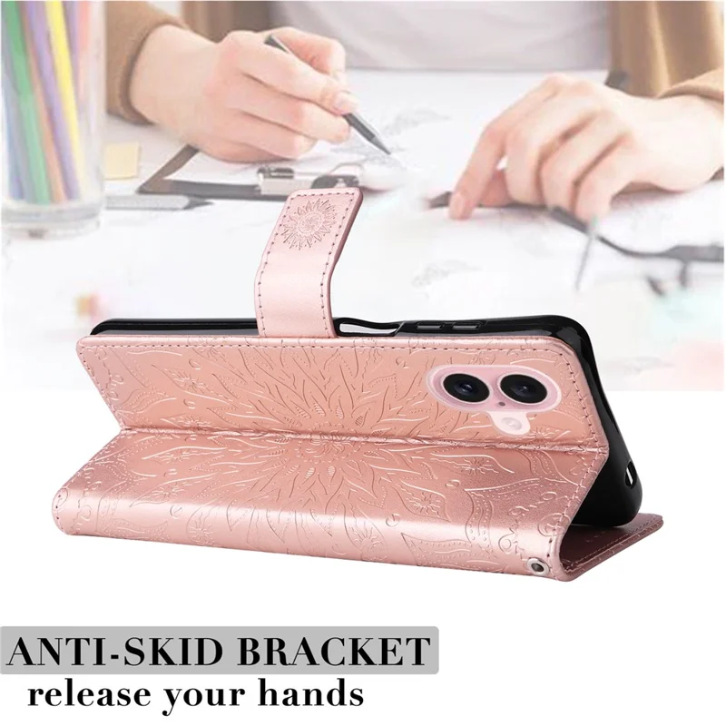 For iPhone 16 Plus Phone Case Sunflower Imprinted Leather Wallet Stand Cover with Strap - Rose Gold