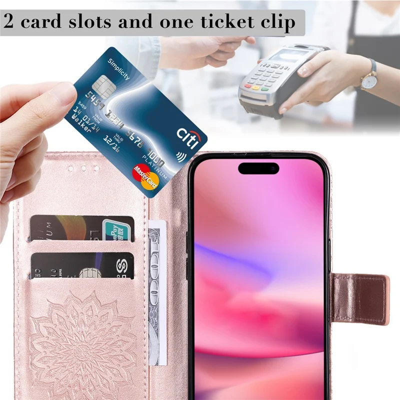 For iPhone 16 Plus Phone Case Sunflower Imprinted Leather Wallet Stand Cover with Strap - Rose Gold