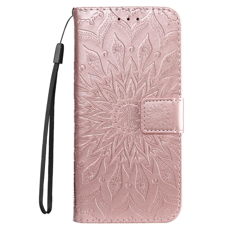 For iPhone 16 Plus Phone Case Sunflower Imprinted Leather Wallet Stand Cover with Strap - Rose Gold