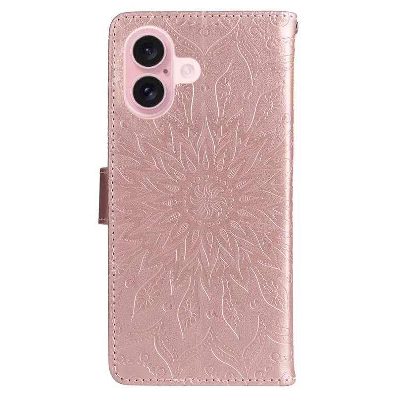 For iPhone 16 Plus Phone Case Sunflower Imprinted Leather Wallet Stand Cover with Strap - Rose Gold