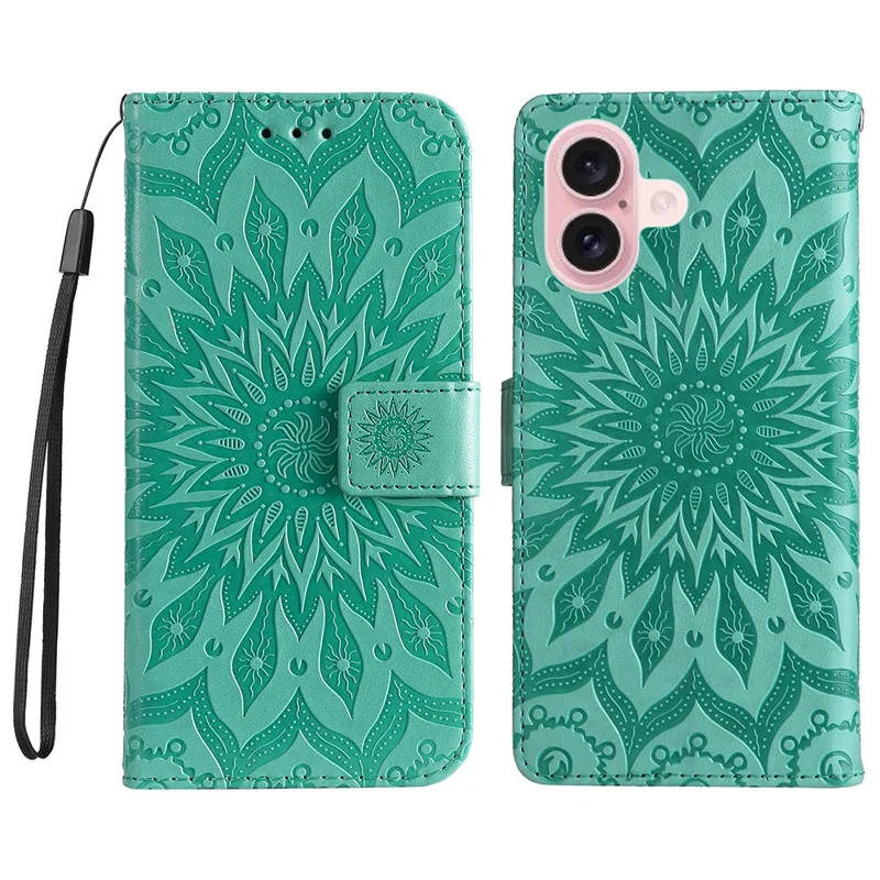 For iPhone 16 Plus Phone Case Sunflower Imprinted Leather Wallet Stand Cover with Strap - Green