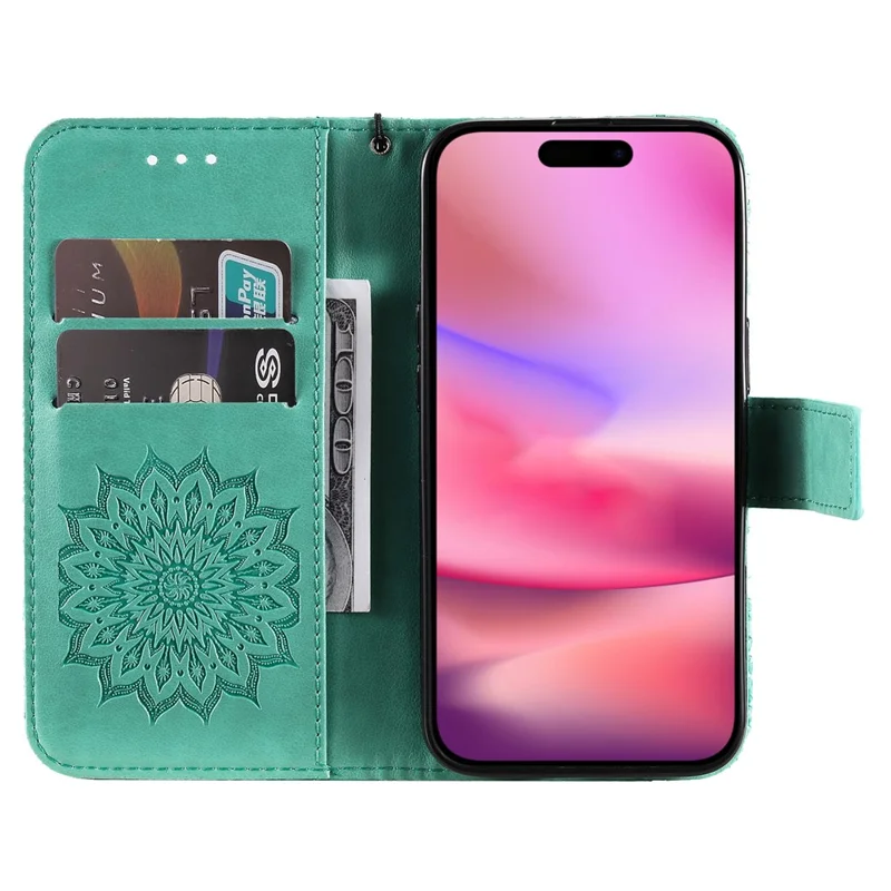 For iPhone 16 Plus Phone Case Sunflower Imprinted Leather Wallet Stand Cover with Strap - Green