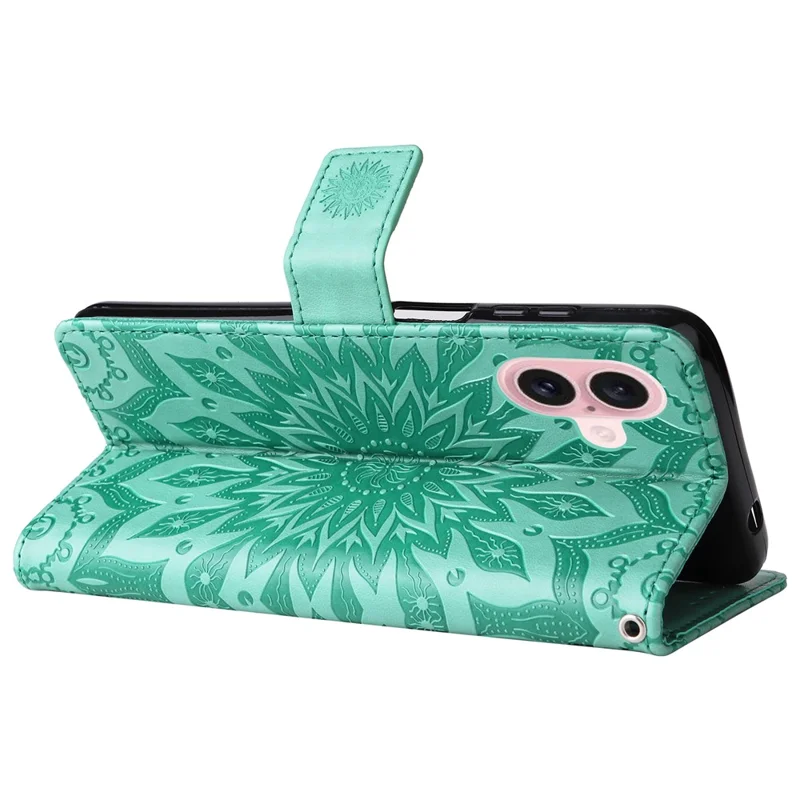 For iPhone 16 Plus Phone Case Sunflower Imprinted Leather Wallet Stand Cover with Strap - Green