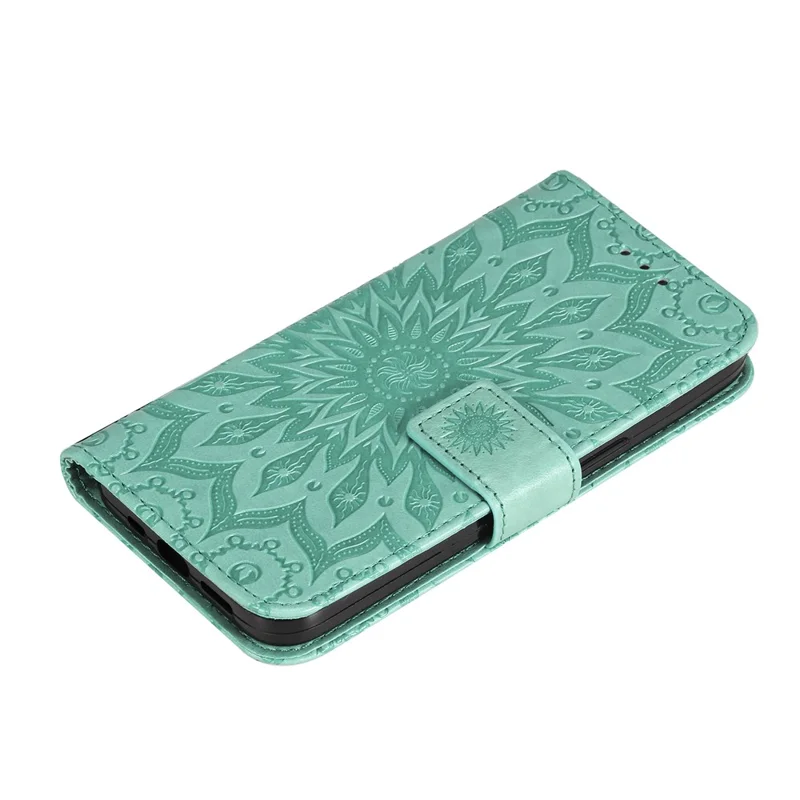 For iPhone 16 Plus Phone Case Sunflower Imprinted Leather Wallet Stand Cover with Strap - Green