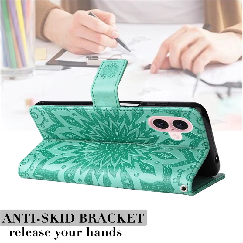 For iPhone 16 Plus Phone Case Sunflower Imprinted Leather Wallet Stand Cover with Strap - Green