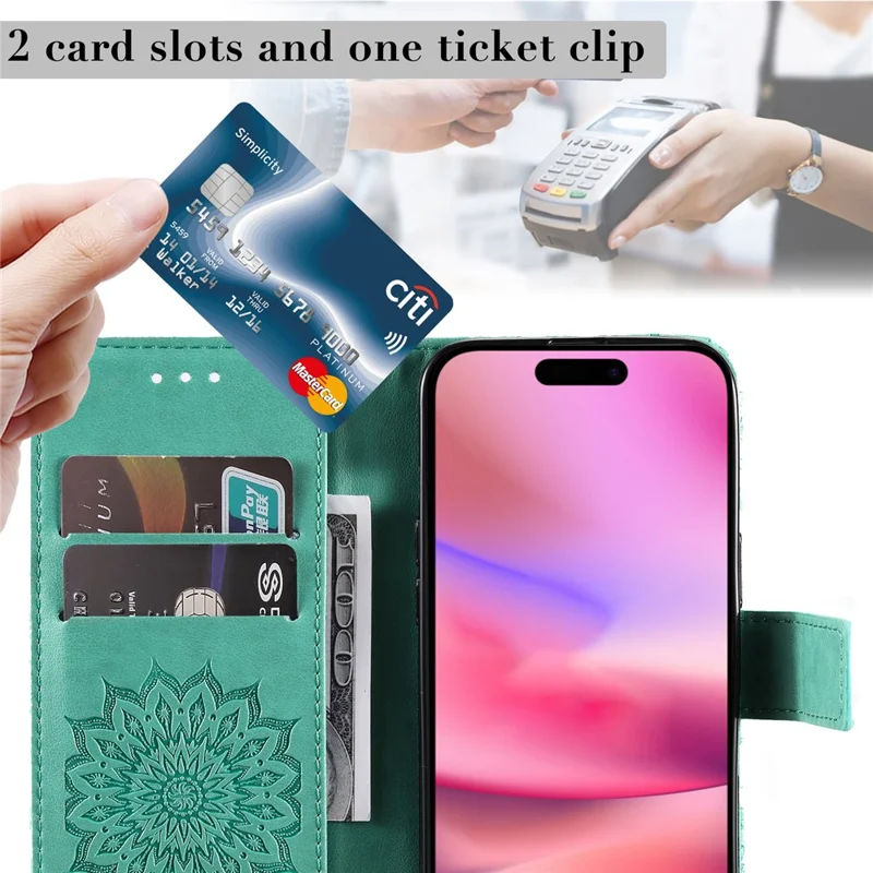 For iPhone 16 Plus Phone Case Sunflower Imprinted Leather Wallet Stand Cover with Strap - Green