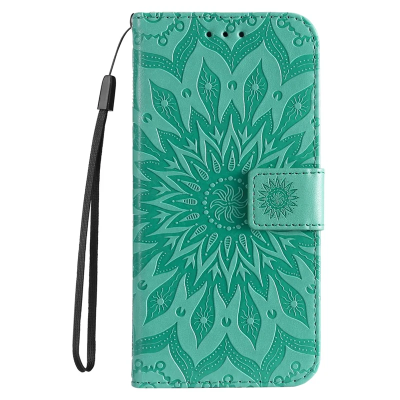 For iPhone 16 Plus Phone Case Sunflower Imprinted Leather Wallet Stand Cover with Strap - Green