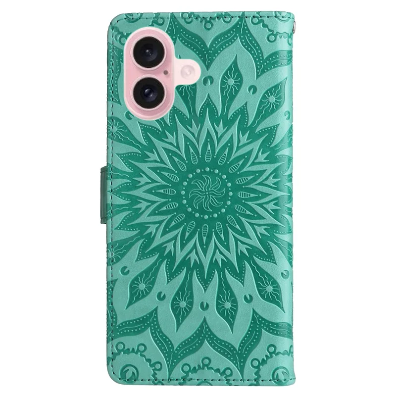 For iPhone 16 Plus Phone Case Sunflower Imprinted Leather Wallet Stand Cover with Strap - Green