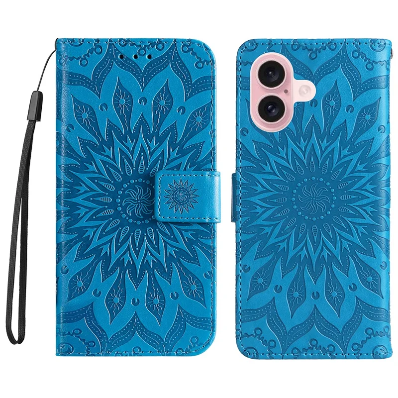 KT Imprinting Flower Series-1 For iPhone 16 Plus Case PU Leather Wallet Card Slots Cover - Azul