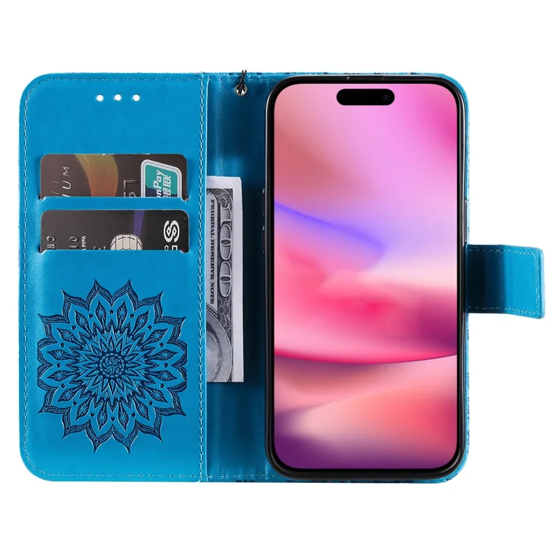 KT Imprinting Flower Series-1 For iPhone 16 Plus Case PU Leather Wallet Card Slots Cover - Azul