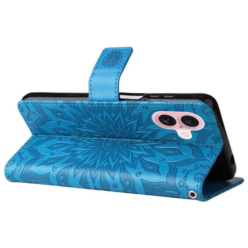 KT Imprinting Flower Series-1 For iPhone 16 Plus Case PU Leather Wallet Card Slots Cover - Azul