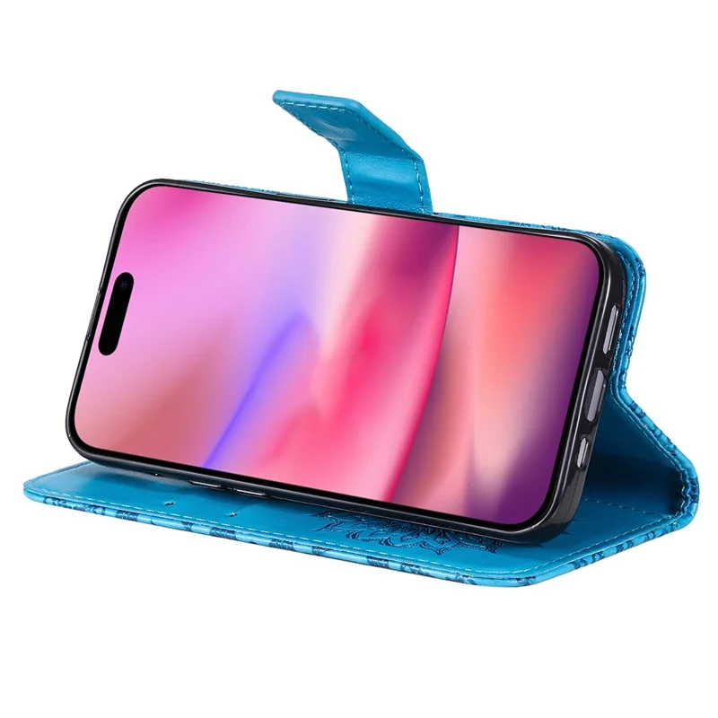KT Imprinting Flower Series-1 For iPhone 16 Plus Case PU Leather Wallet Card Slots Cover - Azul