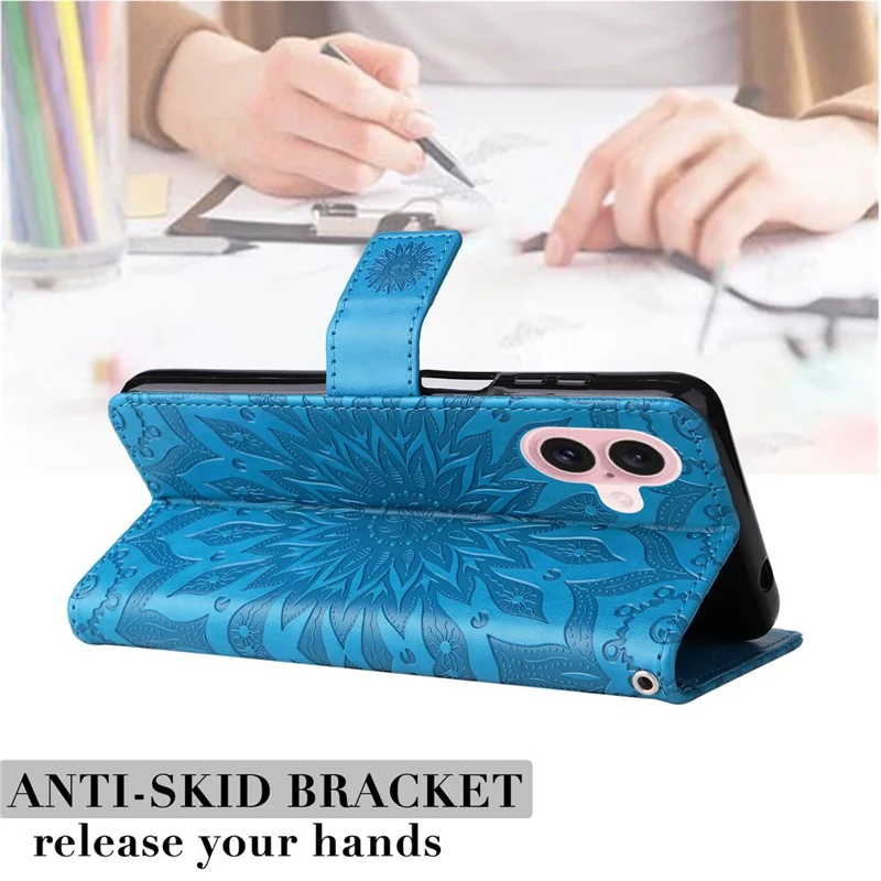 KT Imprinting Flower Series-1 For iPhone 16 Plus Case PU Leather Wallet Card Slots Cover - Azul