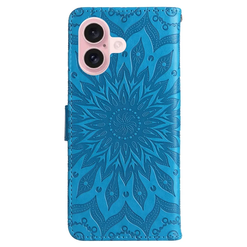 KT Imprinting Flower Series-1 For iPhone 16 Plus Case PU Leather Wallet Card Slots Cover - Azul