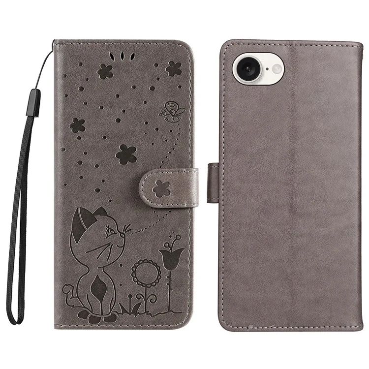 For iPhone 16e Leather Case Cat Bee Pattern Phone Cover Wallet Stand with Strap - Grey