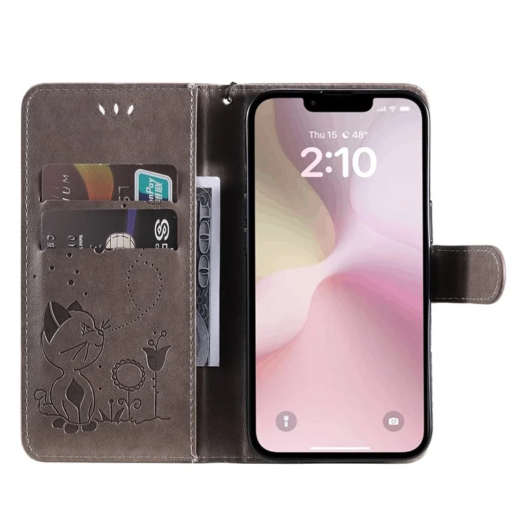 For iPhone 16e Leather Case Cat Bee Pattern Phone Cover Wallet Stand with Strap - Grey