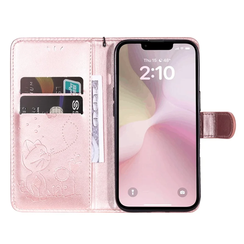 For iPhone 17e / 16e Leather Case Cat Bee Pattern Phone Cover Wallet Stand with Strap - Rose Gold