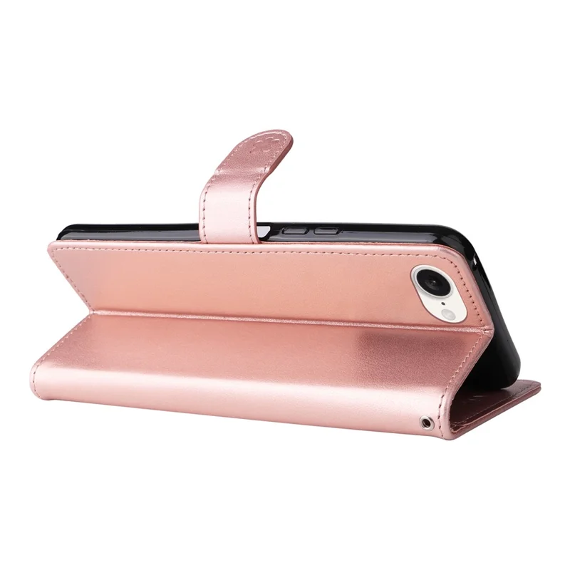 For iPhone 17e / 16e Leather Case Cat Bee Pattern Phone Cover Wallet Stand with Strap - Rose Gold
