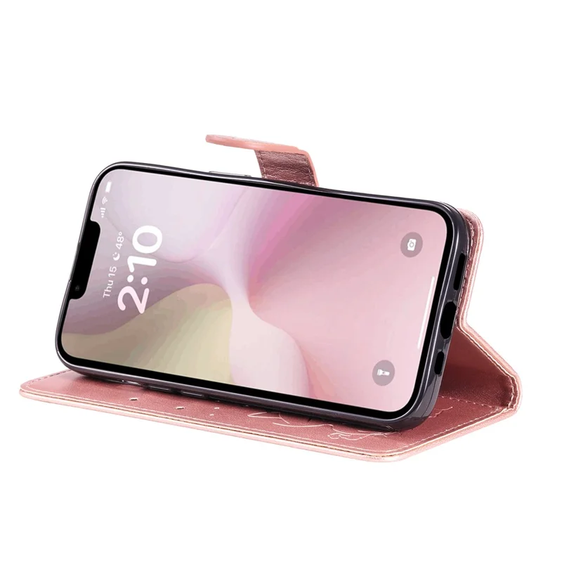 For iPhone 17e / 16e Leather Case Cat Bee Pattern Phone Cover Wallet Stand with Strap - Rose Gold