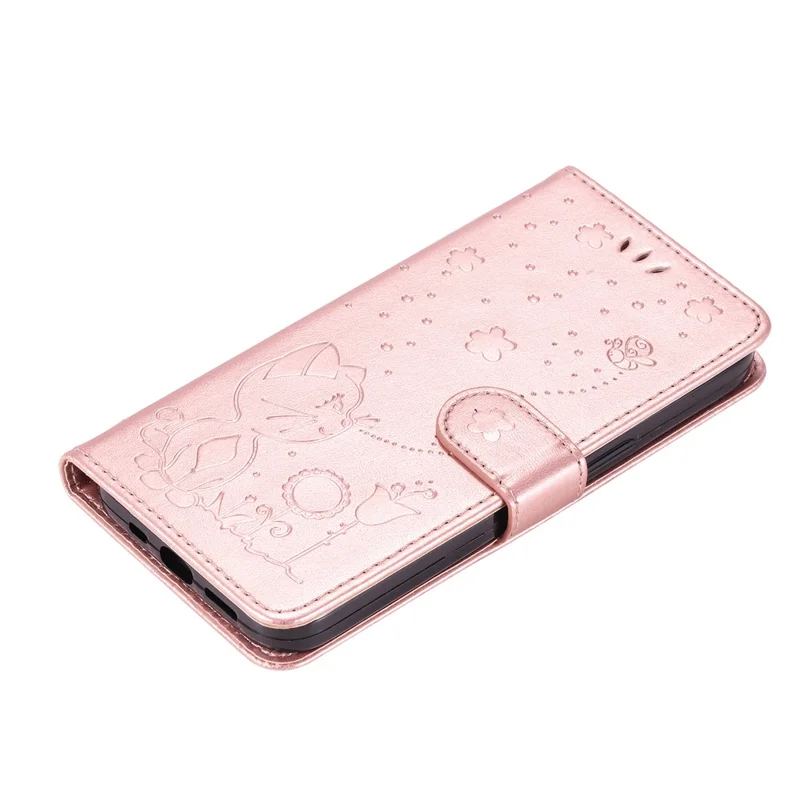 For iPhone 17e / 16e Leather Case Cat Bee Pattern Phone Cover Wallet Stand with Strap - Rose Gold