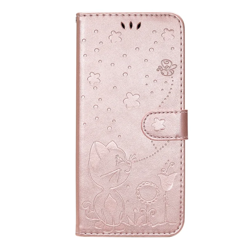 For iPhone 17e / 16e Leather Case Cat Bee Pattern Phone Cover Wallet Stand with Strap - Rose Gold
